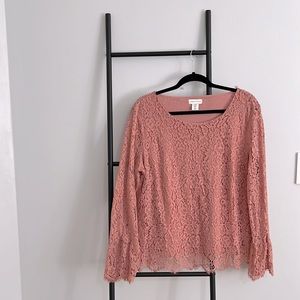 Pink Lace Blouse, Long Sleeve poet sleeve flounce sleeve, pretty lace scalloped